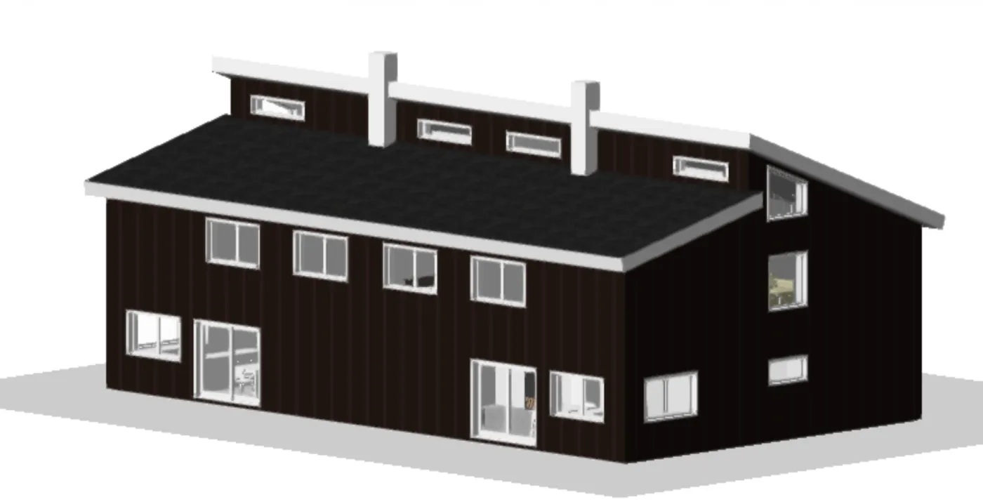 3D-visning av tomannsbolig med mørk stående kledning, hvite vindusomramminger og forskjøvet pulttak
